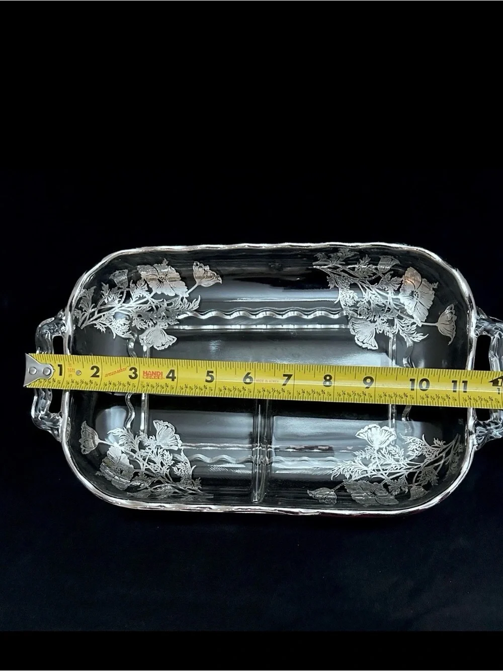 Vtg Silver City Flanders Glass 3-Part Relish Platter Sterling Silver Overlay